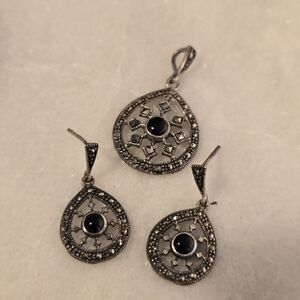 Vintage Sterling Silver Black Onyx Style Stone Marcasite Set